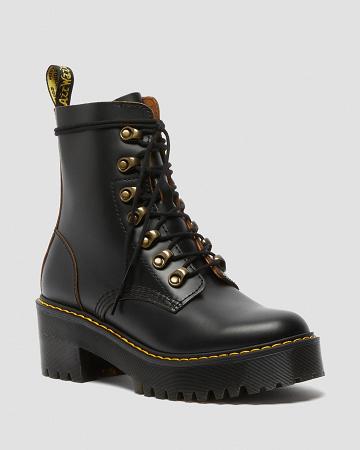 Dámské Kozačky na Podpatku Dr Martens Leona Vintage Smooth Læder Černé | CZ 629ILH